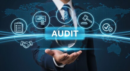 Business Audit and Compliance with Holographic Icons – Futuristic Corporate Concept