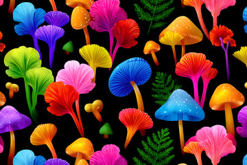 Obraz premium Vibrant multicolored mushrooms and ferns on black background