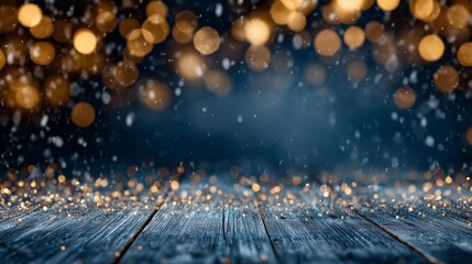 Dark background with a floor surface texture and an array of warm golden bokeh light circles floating above, creating a dramatic, festive, and empty product display scene.