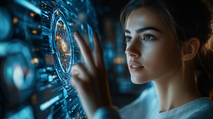 A visionary woman navigating a futuristic digital reality