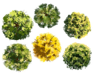 A collection of six stylized, top-down illustrations of tree or bush canopies, each featuring a different texture and color scheme, including various shades of green and bright gold/yellow, all set ag