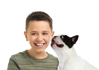 Cute child and dog on white background. First pet