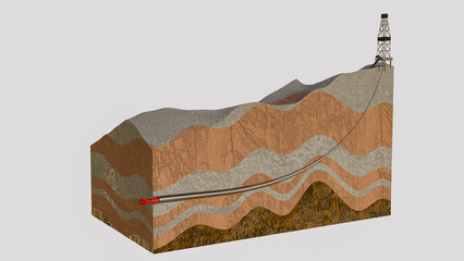 Horizontal directional drilling 3D illustration. PDC drilling bit penetrate rock formation cross section perspective view