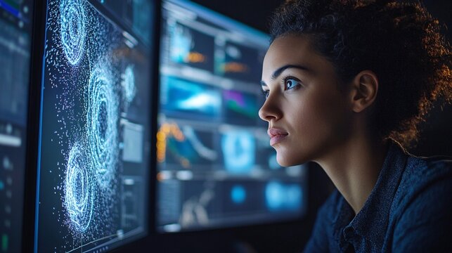 Female data scientist analyzing complex information on screens - Powered by Adobe