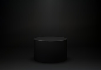 Modern black cylindrical vector podium on a dark gradient background with soft light