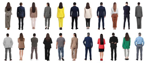 Group of different men and women on white background, back view