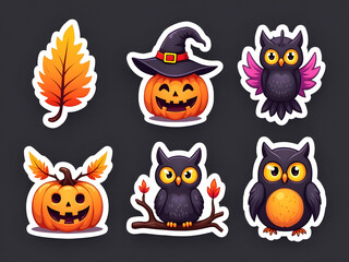 Fototapeta premium Bright cartoon stickers for Halloween with a pumpkin with twigs-horns, a pumpkin in a witch's hat, owls, and an autumn leaf