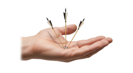 Isolated palm holding three arrows sharp points together fantasy storytelling metaphoric concept