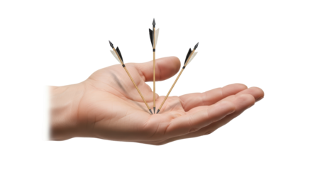 Isolated palm holding three arrows sharp points together fantasy storytelling metaphoric concept