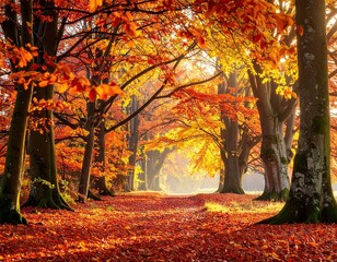 Fototapeta premium Autumnal Forest Path: Vibrant Red And Orange Leaves