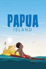 Illustration of Papua Island with a boy sitting on a surfboard