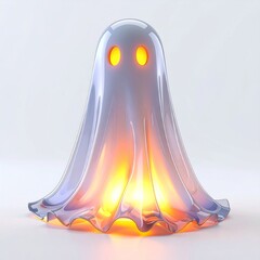 Illuminated Ghost Figure with Glowing Orange Eyes Against White Backdrop