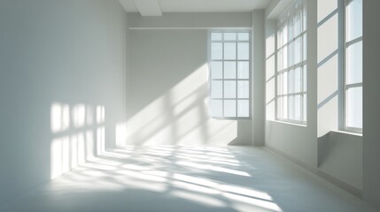 Fototapeta premium minimalist interior with bright white wall and window casting soft sun rays and shadows on floor, clean empty space for product display