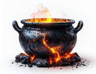 Dark Cauldron with Fiery Liquid on Black Coal in White Background