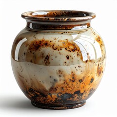 Glazed Ceramic Vessel with Brown and White Mottled Pattern on White Seamless Background Studio Lighting