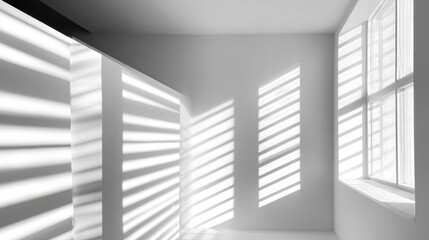 Obraz premium minimalist interior with bright white wall and window casting soft sun rays and shadows on floor, clean empty space for product display