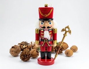Red Nutcracker Figurine with Decorative Nuts on White Background