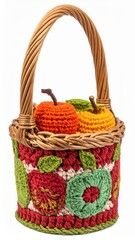 Handmade Woven Basket Filled with Knitted Apples and Green Leaves on White Backdrop