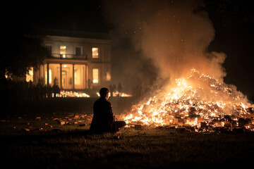 Bonfire fueled by burning books as a crowd witnesses the destructive act of hatred