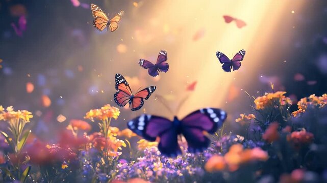butterflies gently flapping wings above blooming meadow in golden sunset light, magical flying petals and glowing atmosphere, perfect for nature, wellness, and lifestyle videos