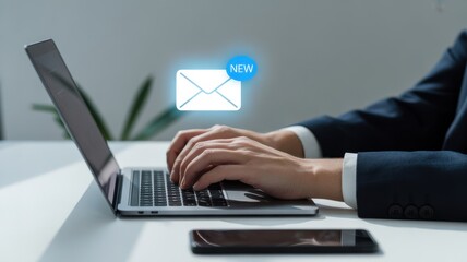 Digital Communication: A modern business professional is immersed in their work, typing on their laptop with a new email notification, highlighting their engagement in the digital world.