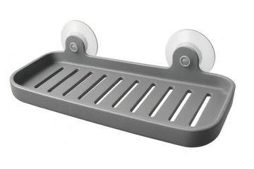 Gray plastic soap dish with suction cups holding