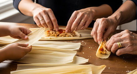 Joyful Moments in the Kitchen: Family Hands Skillfully Crafting Delicious Homemade Wraps Together with Passion and Tradition, Creating Lasting