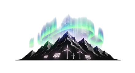Renewable Energy Landscape With Aurora Borealis Peaks and Modern Technology Concept