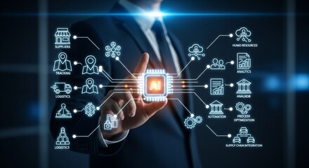 Fototapeta premium Digital Transformation with Microchip and Supply Chain Icons – Futuristic Business Technology Concept
