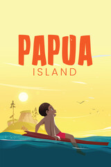 Illustration of Papua Island with a boy sitting on a surfboard