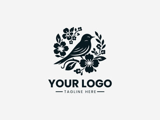 Elegant bird and floral vector logo with blooming flowers and leaves for nature conservation brand