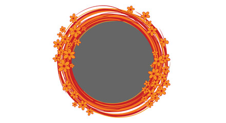 Circular frame with orange floral accents and brushstroke texture.