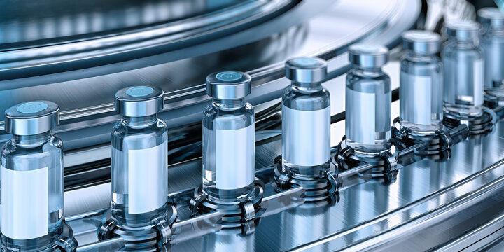 Pharmaceutical vials automatic production line, modern factory. Sterile glass bottles with medicine, vaccine on conveyor. Biotechnology industry, laboratory manufacturing process, drug development. 3d