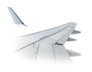 Close-up of an airplane wing, showing the complex structure and leading/trailing edges