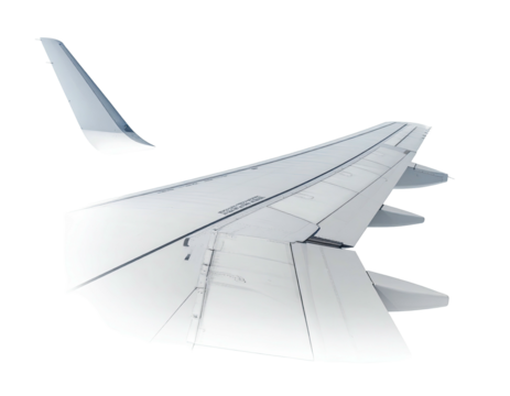 Close-up of an airplane wing, showing the complex structure and leading/trailing edges