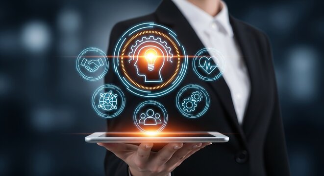 Futuristic business technology interface with holographic icons innovation teamwork and AI