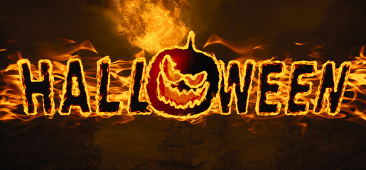Halloween poster, banner design. Flaming word with Jack-O-Lantern instead of letter O under full...