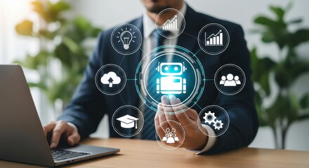 Futuristic Chatbot AI Hologram with Clear Business Icons in Office Workspace