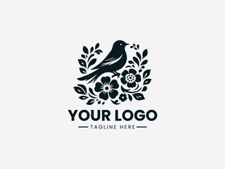 Fototapeta premium Elegant bird and floral vector logo with blooming flowers and leaves for nature conservation brand
