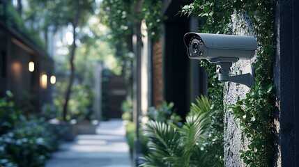 AI surveillance camera monitoring building entrance