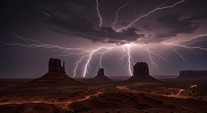 Powerful lightning strikes monument valley at night - Powered by Adobe