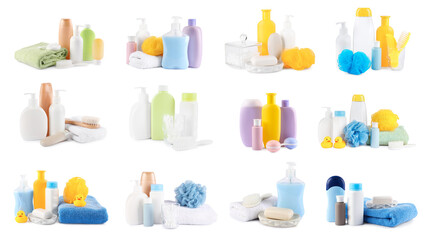 Baby accessories and toiletries isolated on white, set