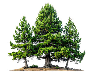 Three large evergreen trees, vibrant green needles, clustered together, isolated on dark background, rooted in earth