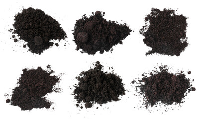 Piles of fresh soil isolated on white, set. Top view