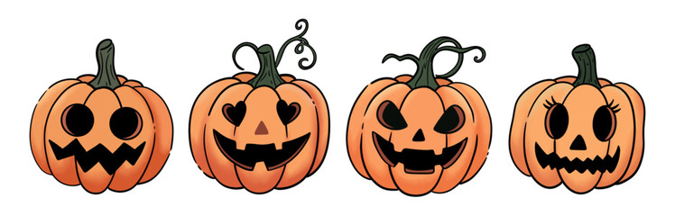 A spooky and cute collection of Halloween pumpkins with different carved faces.