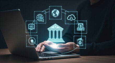 Holographic Digital Banking Interface with Financial Icons over Laptop — Secure Online Banking & Fintech Concept