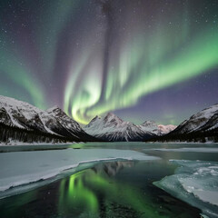 
Northern Lights in the mountains above a frozen lake