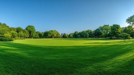 Expansive Green Lawn in Urban Park Setting, Landscape Design Resource, Recreational Space with Tree Borders and City Skyline, Vibrant Turf for Outdoor Activities