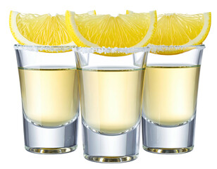 Three shot glasses of tequila, garnished with lemon slices and salt (1)