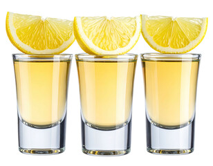 Three shot glasses of gold-colored liquor, garnished with lemon slices